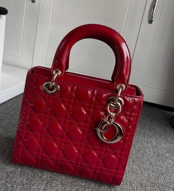Christian Dior Lady Dior Medium Patent Bag in Red Maroon