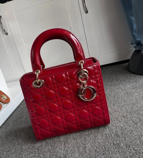 Christian Dior Lady Dior Medium Patent Bag in Red Maroon