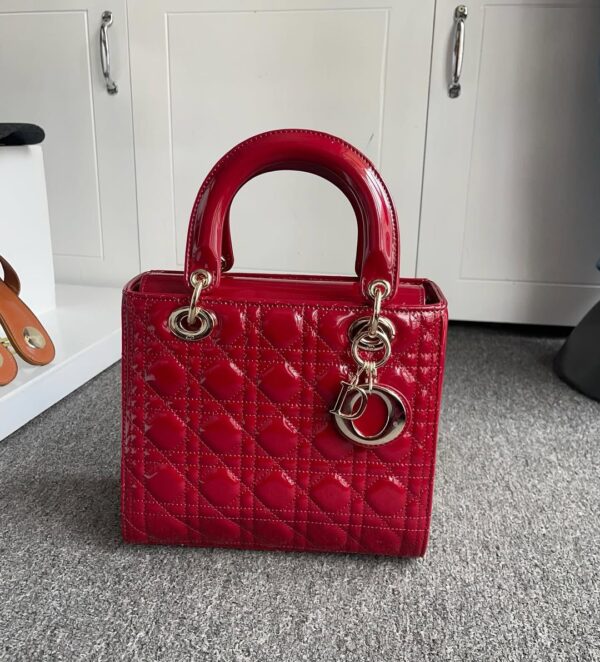 Christian Dior Lady Dior Medium Patent Bag in Red Maroon
