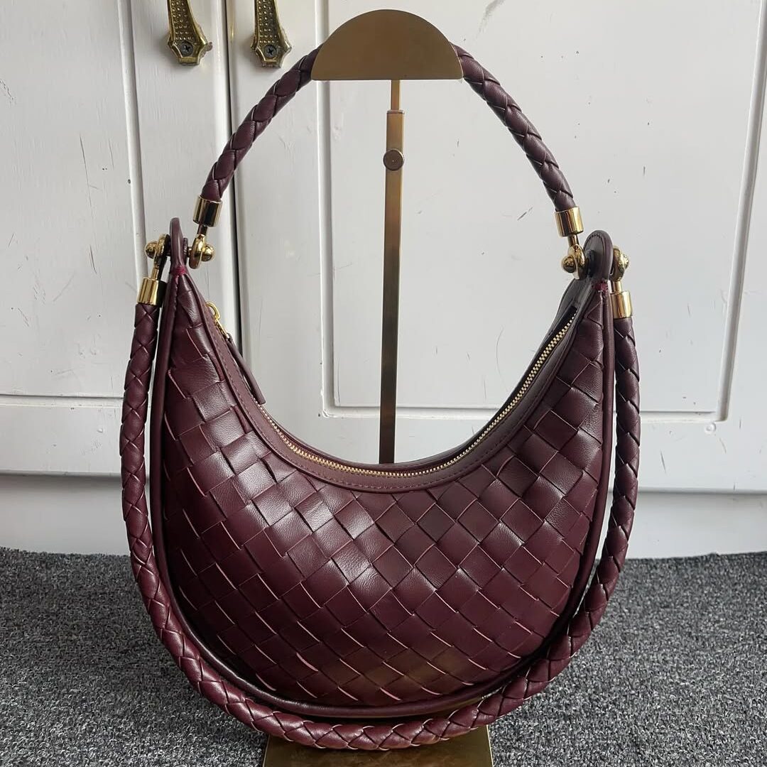 Bottega Veneta Burgundy Interlocking Leather Crescent Bag