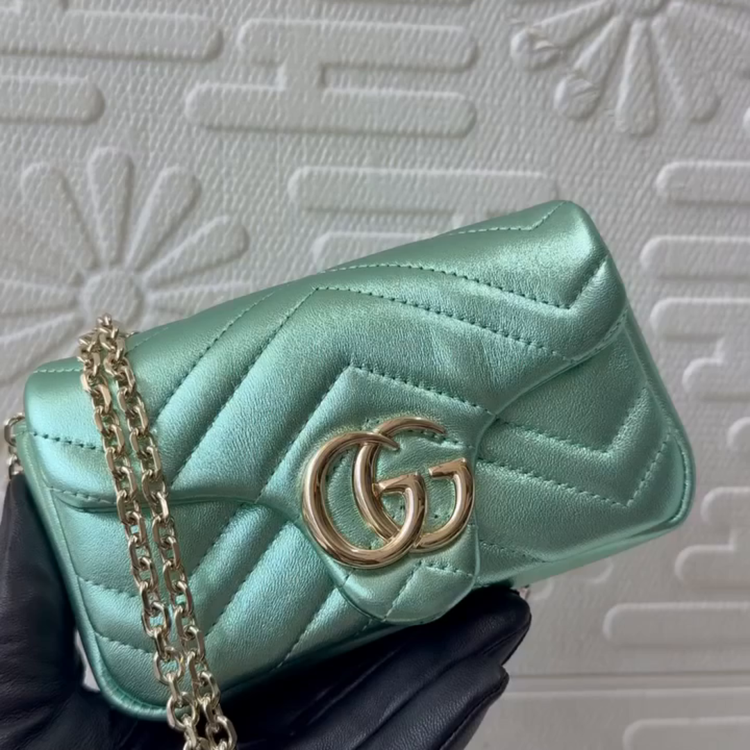 Gucci Marmont Mini in Pale Green Lamé Leather