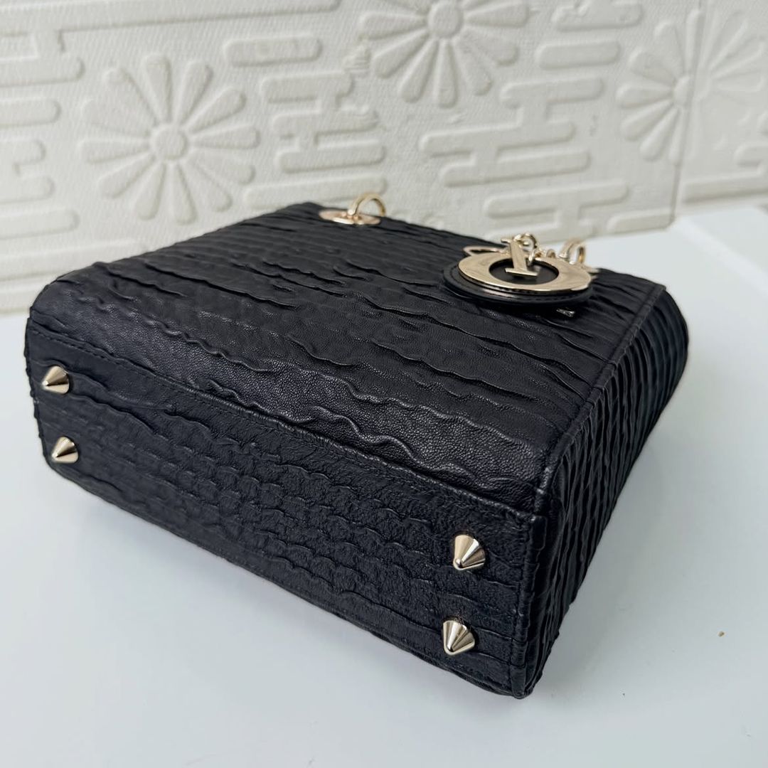 Dior Mini Lady Dior Bag Black Ruched Leather