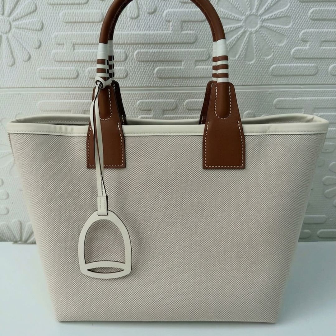 Hermès Steeple 25 Toile Canvas and Gold Swift Leather Tote Bag