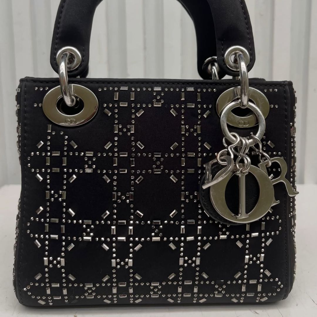 Christian Dior Mini Lady Dior Studded Cannage Satin Tote Bag Black