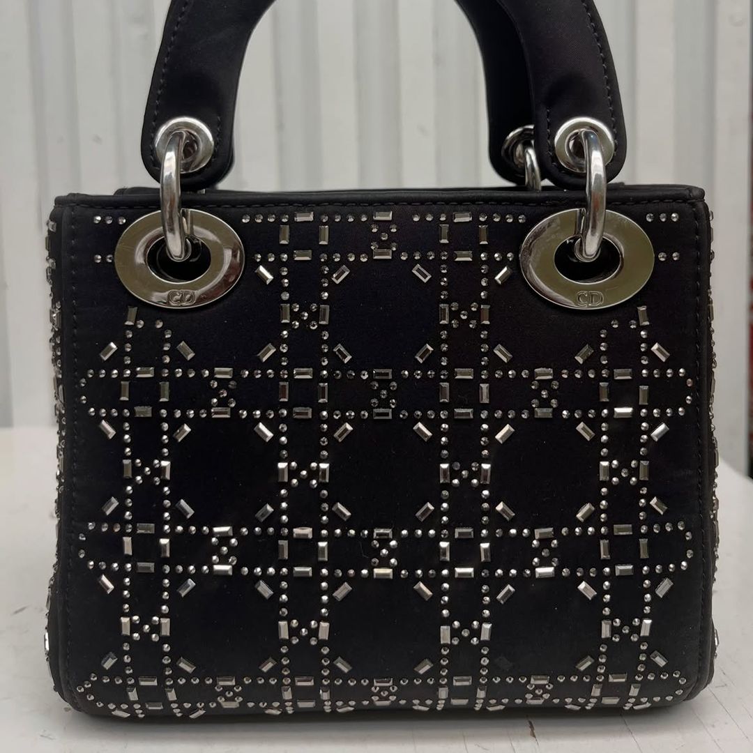 Christian Dior Mini Lady Dior Studded Cannage Satin Tote Bag Black
