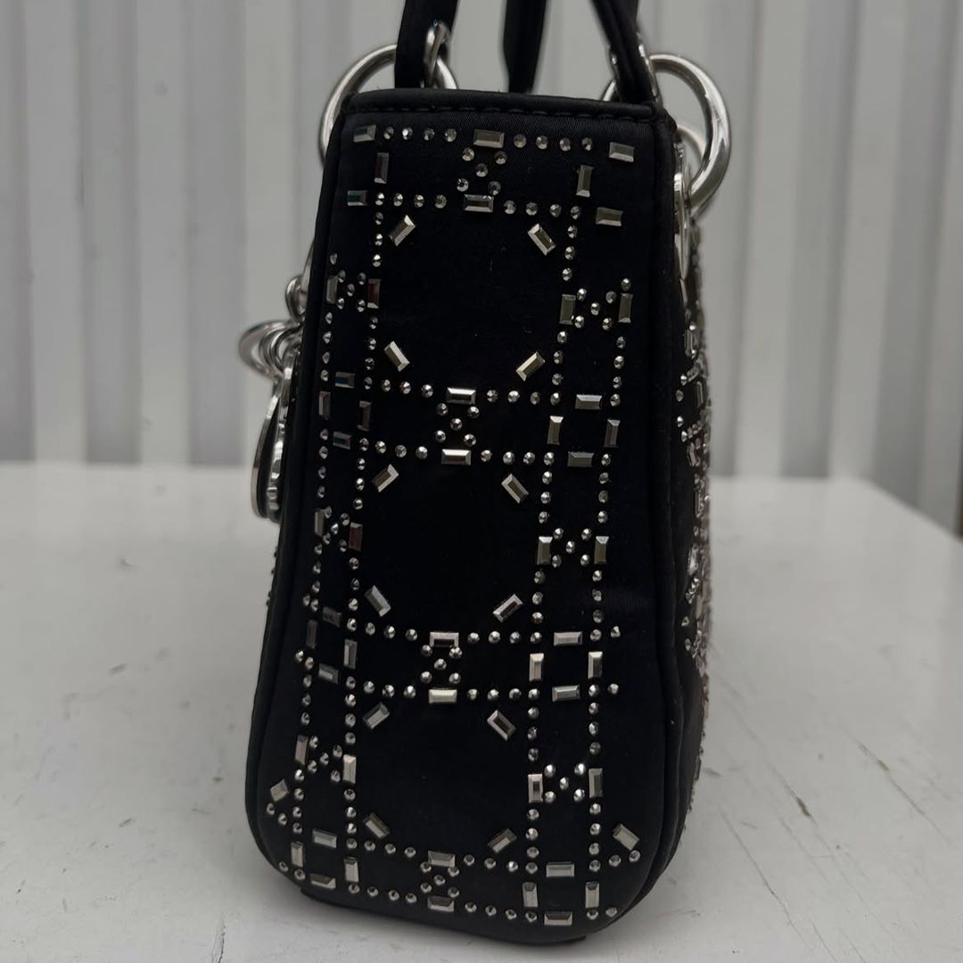 Christian Dior Mini Lady Dior Studded Cannage Satin Tote Bag Black