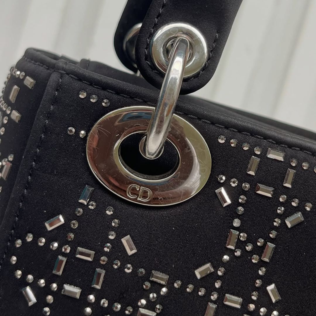 Christian Dior Mini Lady Dior Studded Cannage Satin Tote Bag Black