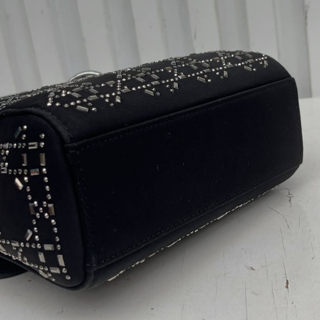 Christian Dior Mini Lady Dior Studded Cannage Satin Tote Bag Black