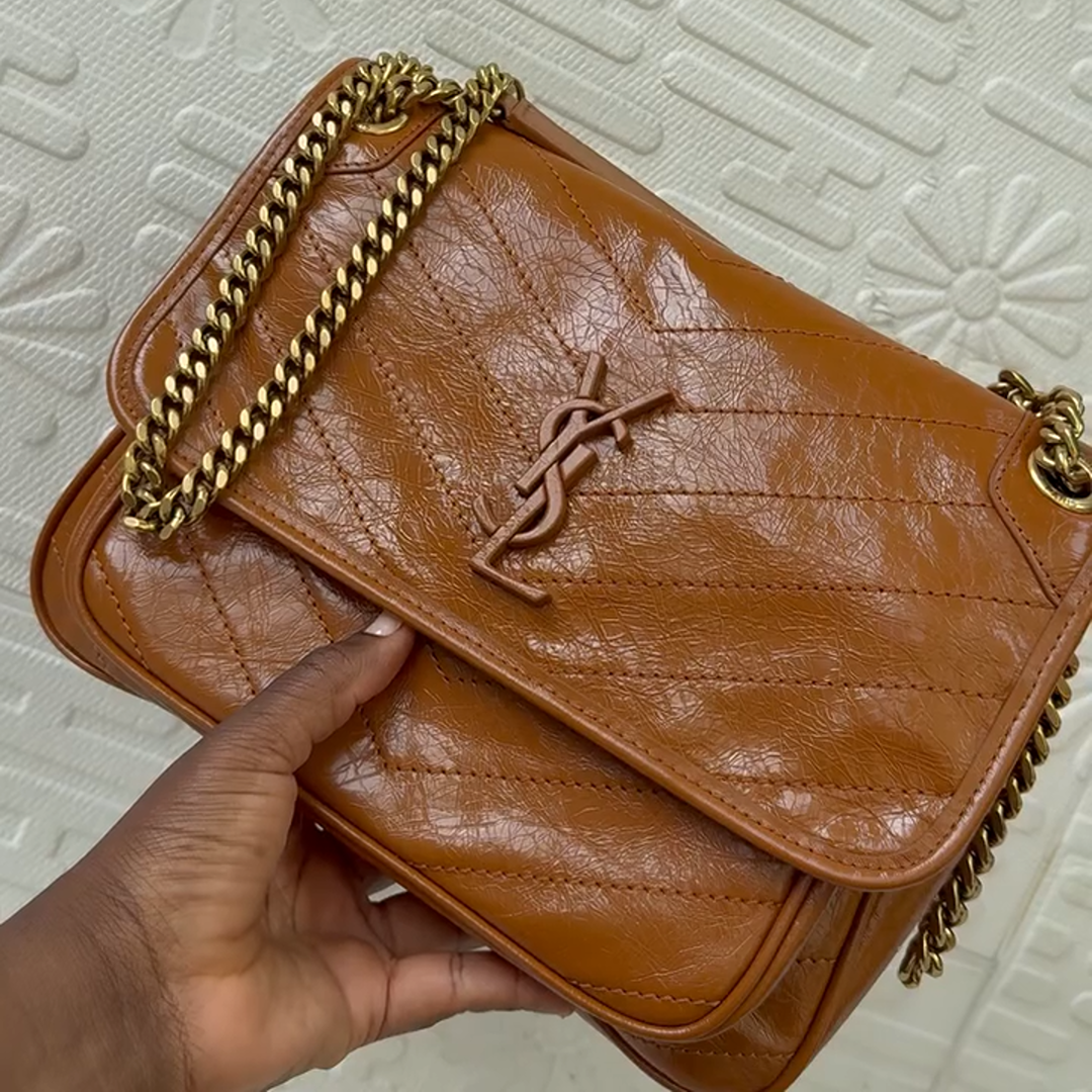Saint Laurent Medium Niki Light Caramel Crinkled Calfskin Matelassé Monogram Shoulder Bag