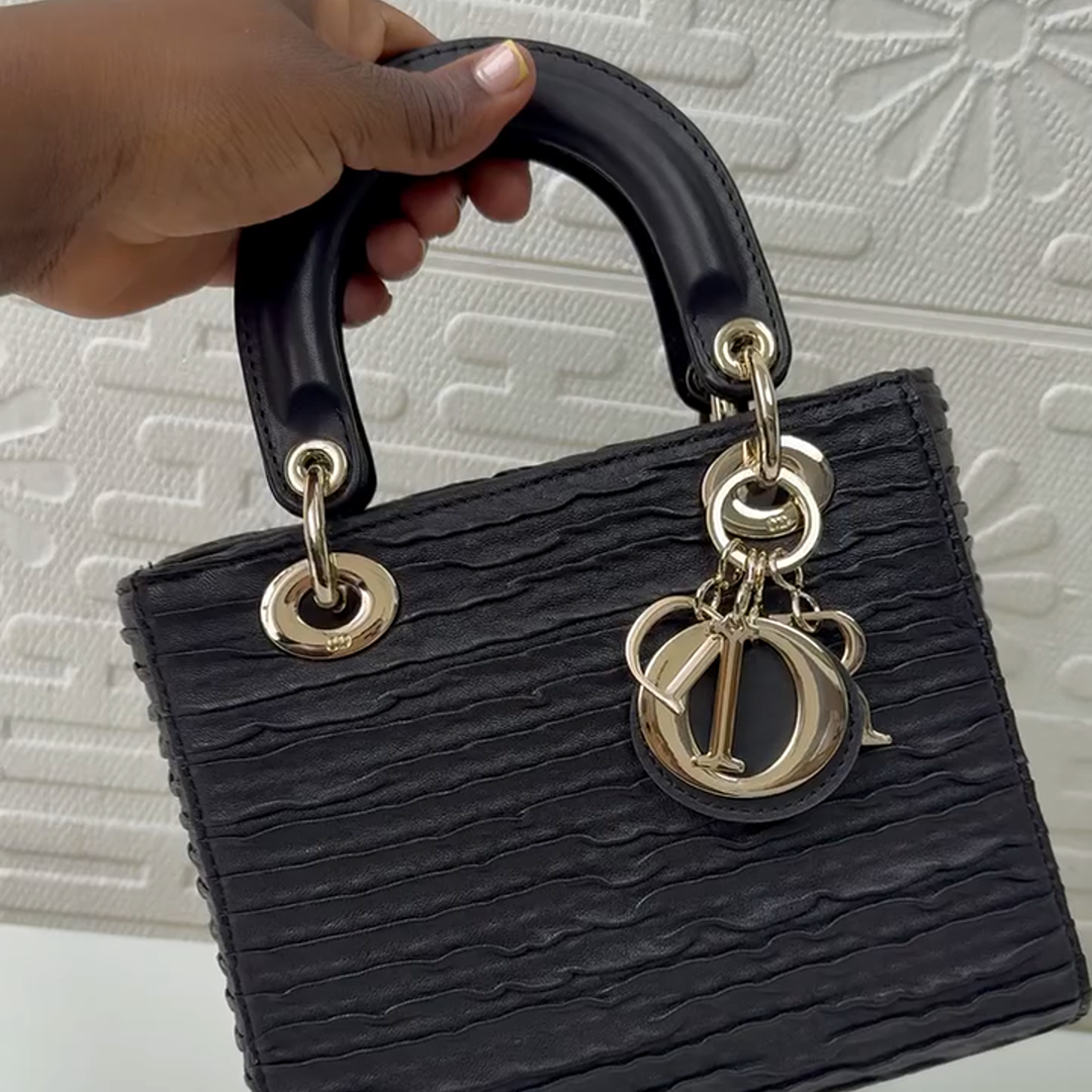 Dior Mini Lady Dior Bag Black Ruched Leather