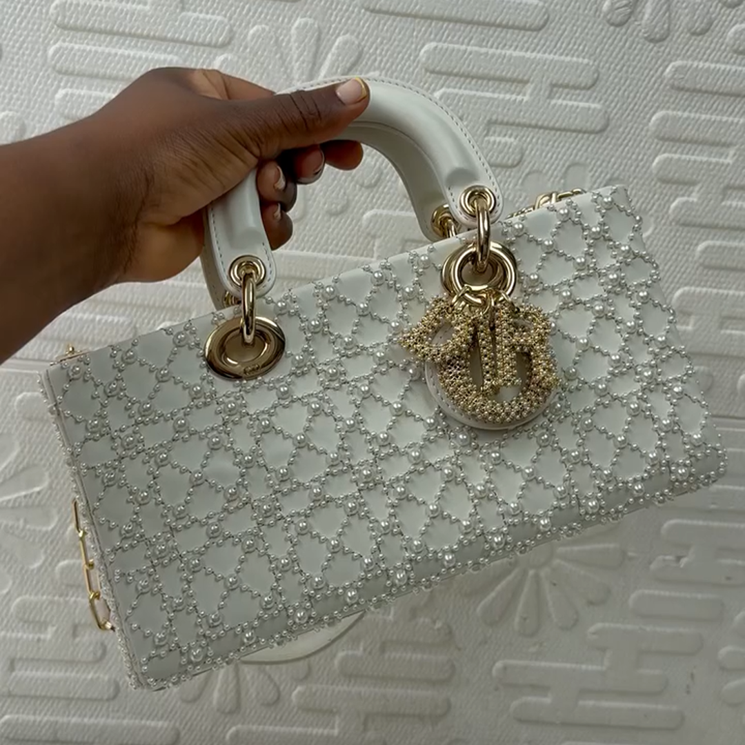 Christian Dior Medium Lady D-Joy White Pearl-Embellished Calfskin Leather Bag