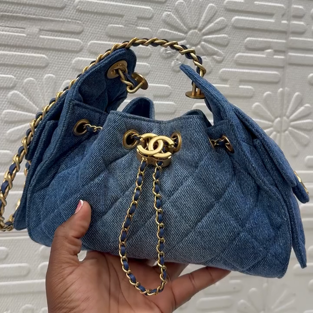 Chanel 25 Mini Blue Denim Gold-Tone Chain Hobo Shoulder Bag