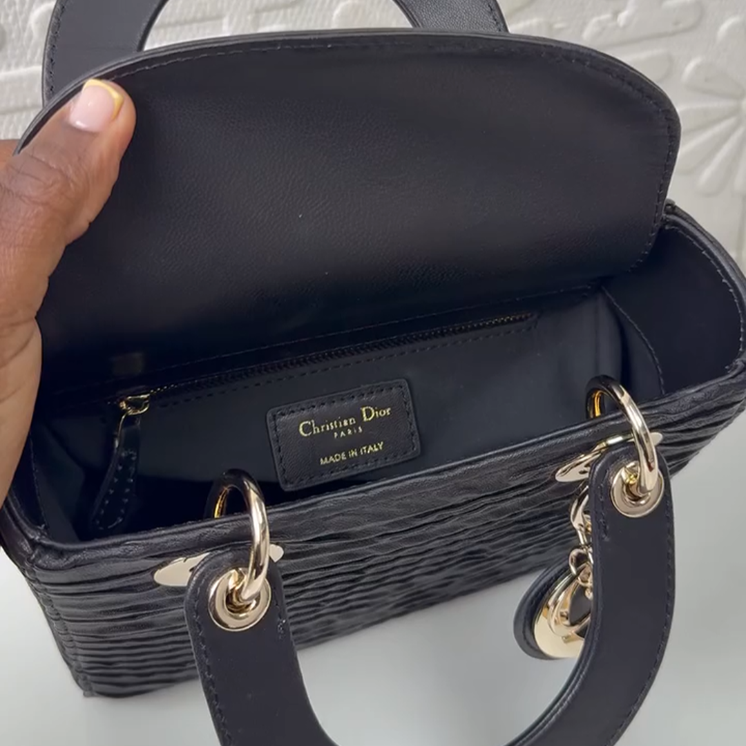 Dior Mini Lady Dior Bag Black Ruched Leather