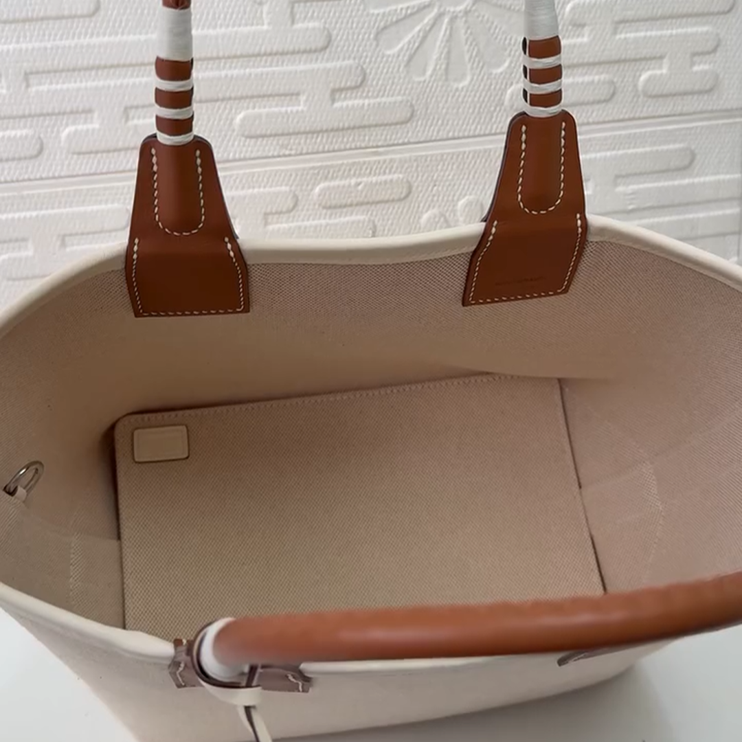 Hermès Steeple 25 Toile Canvas and Gold Swift Leather Tote Bag